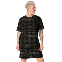 Gothic Christmas Tree pattern on women's oversized T-shirt dress, front view