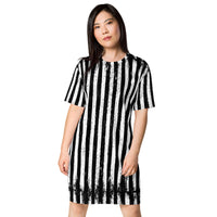 Distressed Vertical Stripes pattern on women's oversized T-shirt dress, front view