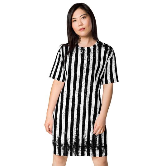Distressed Vertical Stripes pattern on women's oversized T-shirt dress, front view