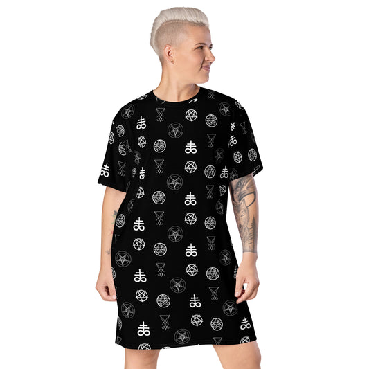 Demonology Occult Symbols pattern on women's oversized T-shirt dress, front view