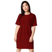 Red Haunted Mansion pattern on women's oversized T-shirt dress, front view