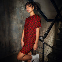 Red Haunted Mansion pattern on women's oversized T-shirt dress, front view