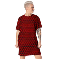 Red Haunted Mansion pattern on women's oversized T-shirt dress, front view