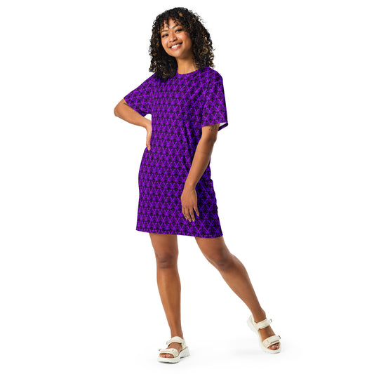 Purple Haunted Mansion pattern on women's oversized T-shirt dress, front view
