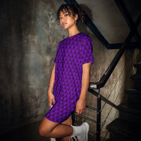 Purple Haunted Mansion pattern on women's oversized T-shirt dress, front view