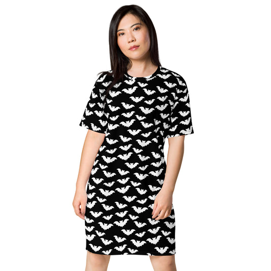 Flying Vampire Bats pattern on women's oversized T-shirt dress, front view