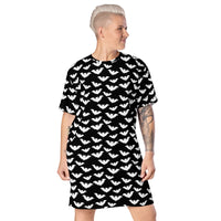Flying Vampire Bats pattern on women's oversized T-shirt dress, front view