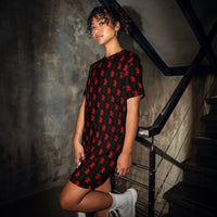 Black Krampus pattern on women's oversized T-shirt dress, front view