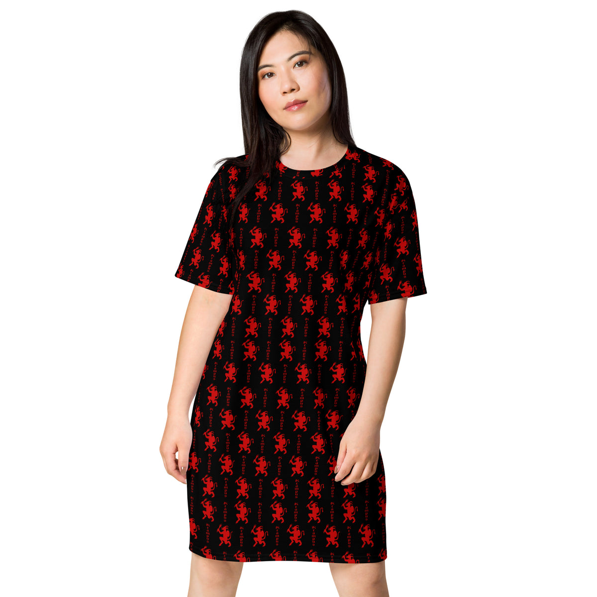 Black Krampus pattern on women's oversized T-shirt dress, front view