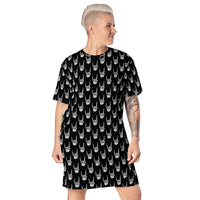 Devil Horns Bone Hands pattern on women's oversized T-shirt dress, front view