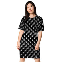 Devil Horns Bone Hands pattern on women's oversized T-shirt dress, front view