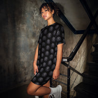 All-Seeing Eye Medallions pattern on women's oversized T-shirt dress, front view
