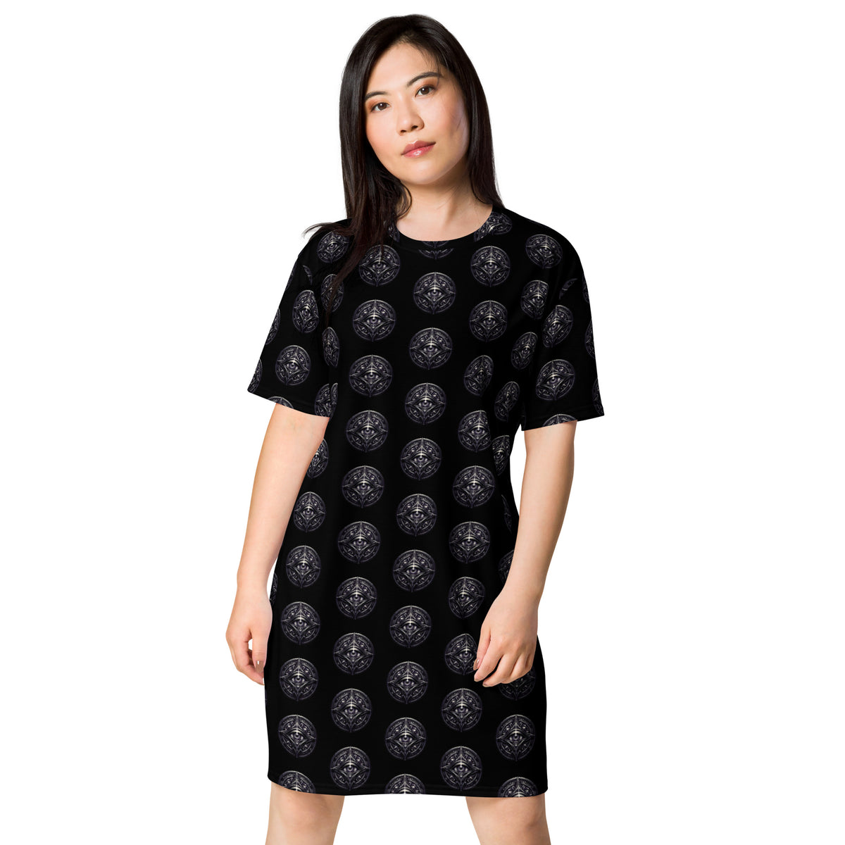 All-Seeing Eye Medallions pattern on women's oversized T-shirt dress, front view