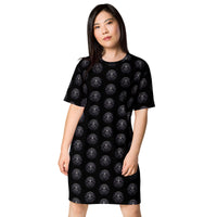 All-Seeing Eye Medallions pattern on women's oversized T-shirt dress, front view