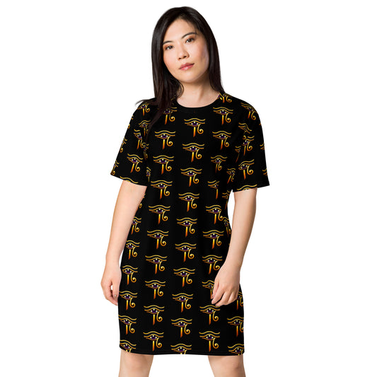 Eye of Ra pattern on women's oversized T-shirt dress, front view