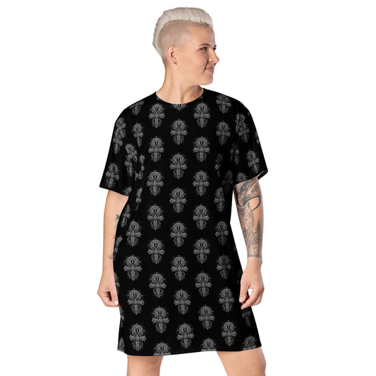 Egyptian Ankh pattern on women's oversized T-shirt dress, front view