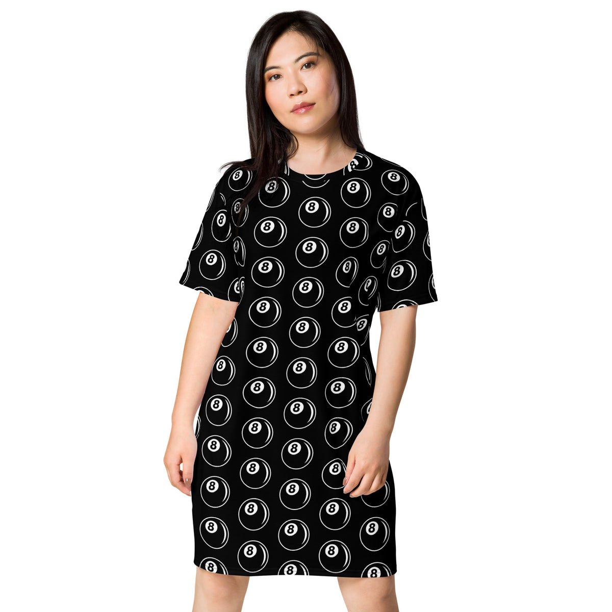 8 Ball Billiards pattern on women's oversized T-shirt dress, front view