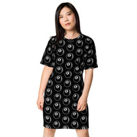 8 Ball Billiards pattern on women's oversized T-shirt dress, front view