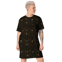 Skull Carnival pattern on women's oversized T-shirt dress, front view