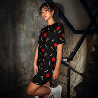 Classic Horror Weapons pattern on women's oversized T-shirt dress, front view