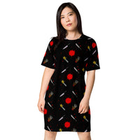 Classic Horror Weapons pattern on women's oversized T-shirt dress, front view