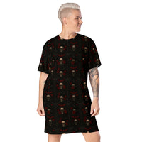 Skulls Bats Roses & Ravens pattern on women's oversized T-shirt dress, front view