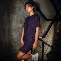 Purple Tarot Cards pattern on women's oversized T-shirt dress, front view