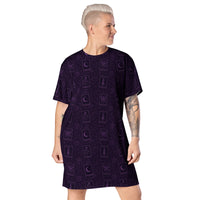 Purple Tarot Cards pattern on women's oversized T-shirt dress, front view