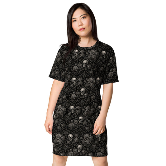 Skulls & Roses pattern on women's oversized T-shirt dress, front view