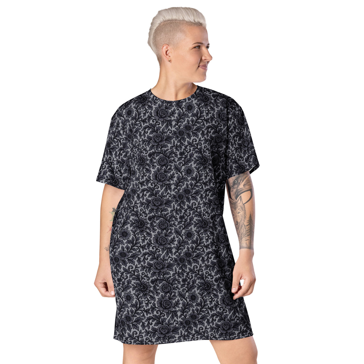 Black Rose Lace pattern on women's oversized T-shirt dress, front view