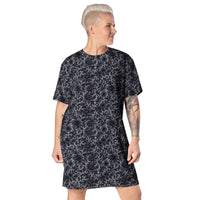 Black Rose Lace pattern on women's oversized T-shirt dress, front view