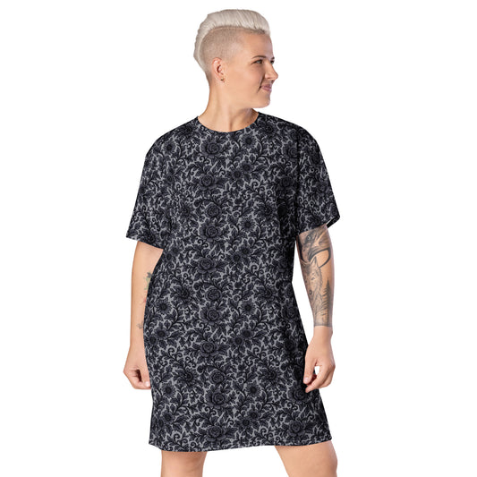 Black Rose Lace pattern on women's oversized T-shirt dress, front view