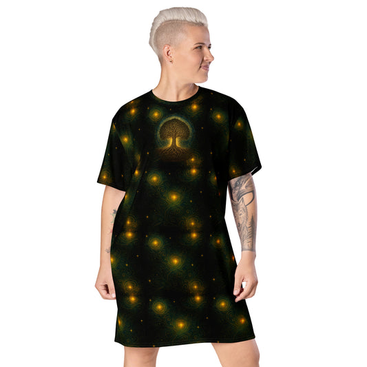 Tree of Life pattern on women's oversized T-shirt dress, front view