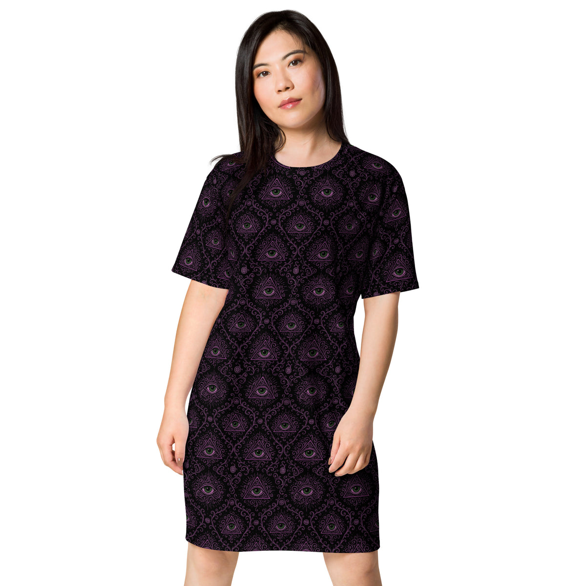 All-Seeing Eye pattern on women's oversized T-shirt dress, front view