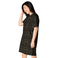 Krampus Christmas Pattern pattern on women's oversized T-shirt dress, left-front view