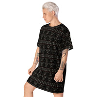 Gothic Christmas Tree pattern on women's oversized T-shirt dress, left-front view
