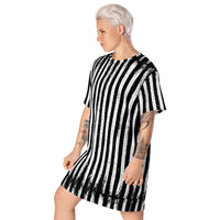 Distressed Vertical Stripes pattern on women's oversized T-shirt dress, left-front view