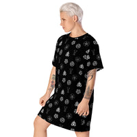 Demonology Occult Symbols pattern on women's oversized T-shirt dress, left-front view