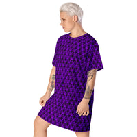 Purple Haunted Mansion pattern on women's oversized T-shirt dress, left-front view