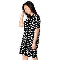 Flying Vampire Bats pattern on women's oversized T-shirt dress, left-front view