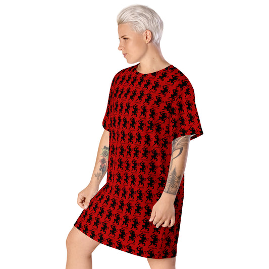 Red Krampus pattern on women's oversized T-shirt dress, left-front view