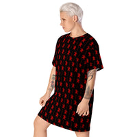 Black Krampus pattern on women's oversized T-shirt dress, left-front view