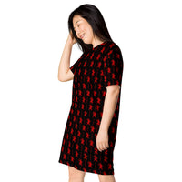 Black Krampus pattern on women's oversized T-shirt dress, left-front view