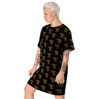 Eye of Ra pattern on women's oversized T-shirt dress, left-front view