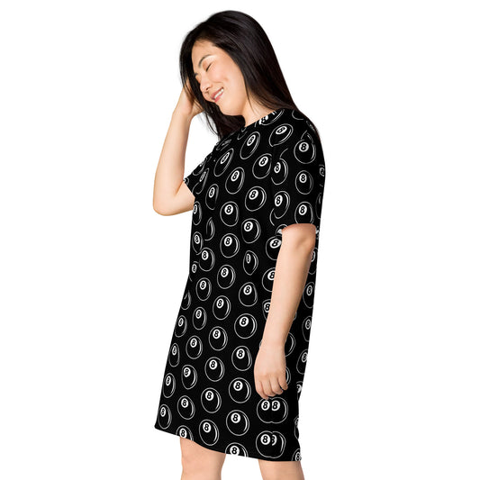 8 Ball Billiards pattern on women's oversized T-shirt dress, left-front view