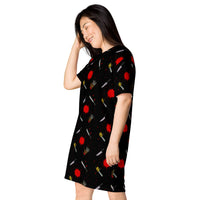 Classic Horror Weapons pattern on women's oversized T-shirt dress, left-front view