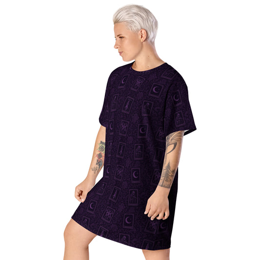 Purple Tarot Cards pattern on women's oversized T-shirt dress, left-front view