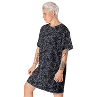 Black Rose Lace pattern on women's oversized T-shirt dress, left-front view