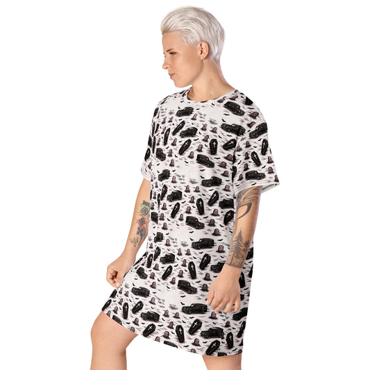 Hearse & Coffin pattern on women's oversized T-shirt dress, left-front view
