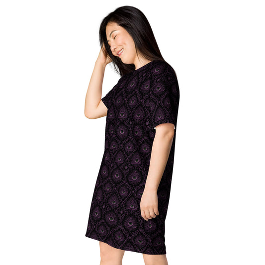All-Seeing Eye pattern on women's oversized T-shirt dress, left-front view